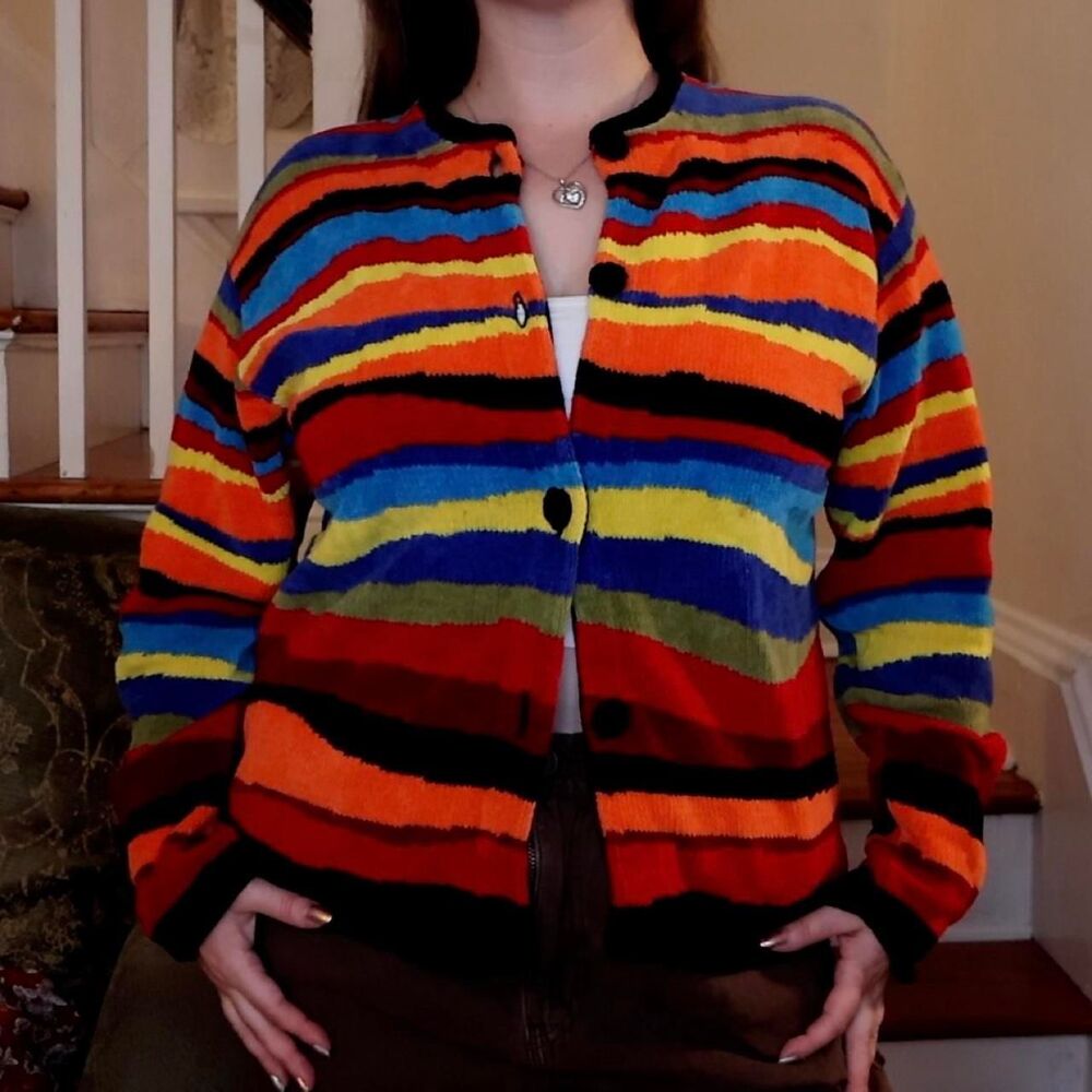 BellePointe Horizontal Wavy Striped Cardigan Sz Medium Inspired Ramie Cotton Y2K